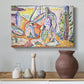 Canvas art print featuring a pointillist-inspired leisure scene in a colorful natural setting, styled above a decorative console