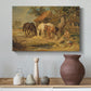 Canvas art print featuring a countryside composition showing livestock during feeding, styled above a decorative console