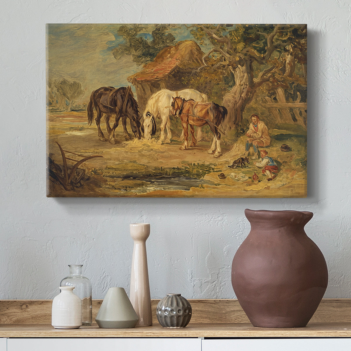 Canvas art print featuring a countryside composition showing livestock during feeding, styled above a decorative console