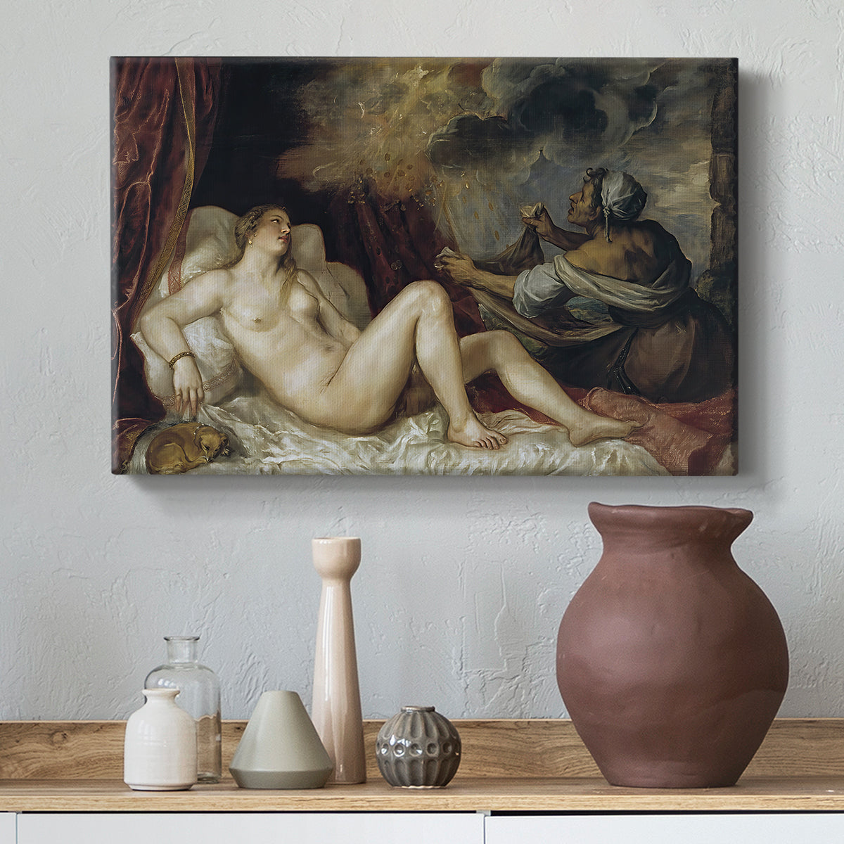 Canvas art print featuring a classical composition centered on reclining female nude, styled above a decorative console