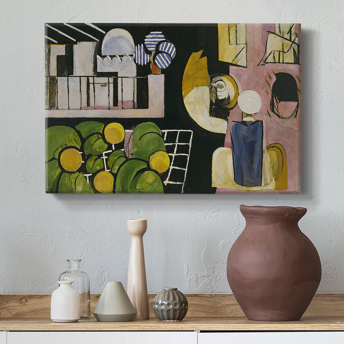 Canvas art print featuring an expressive composition with arches and figures, styled above a decorative console
