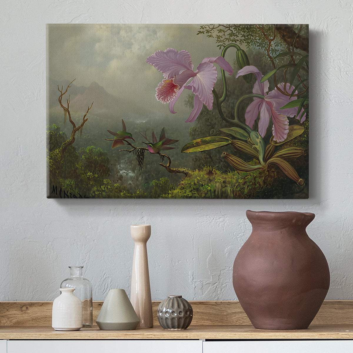 Canvas art print featuring a wildlife composition with detail, styled above a decorative console
