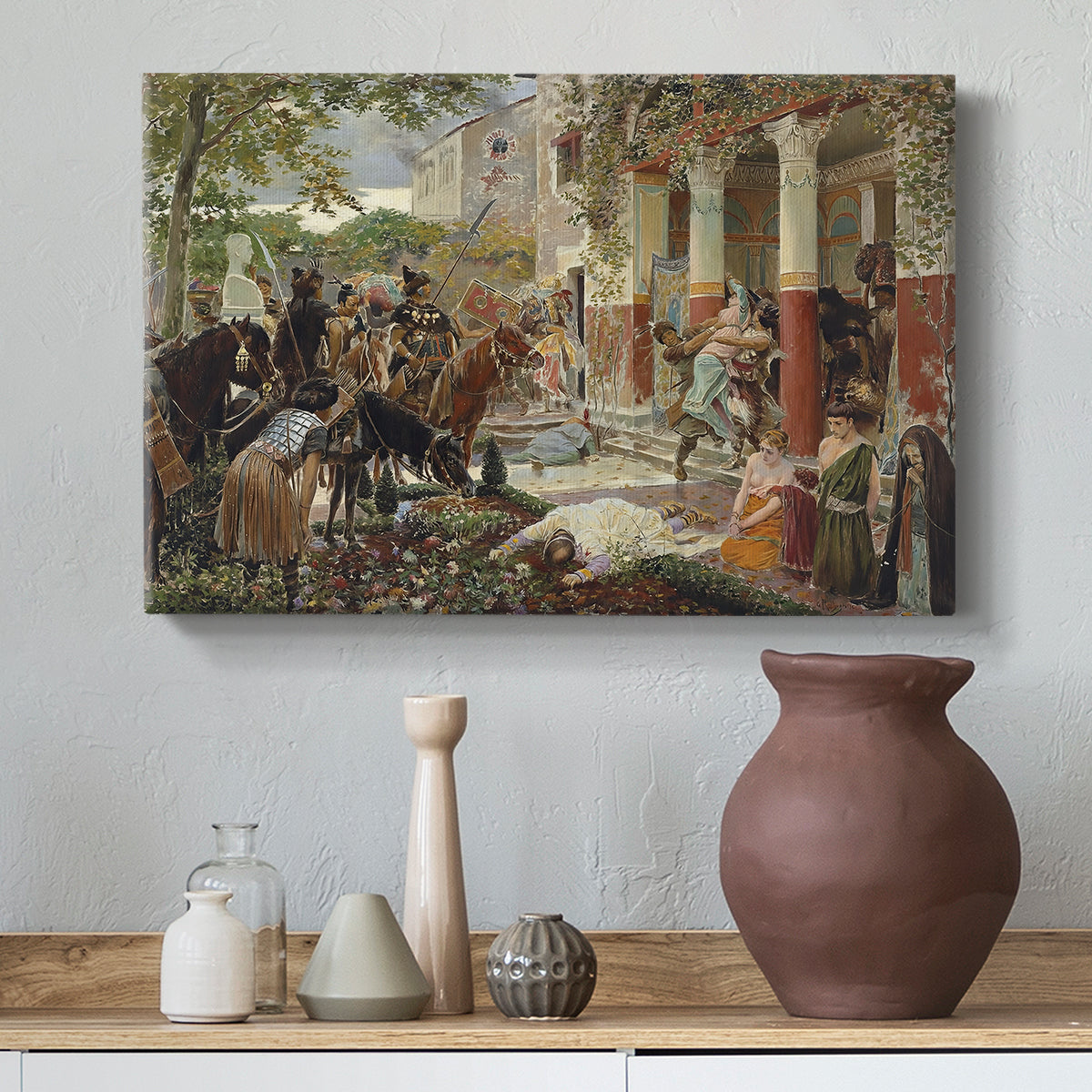 Canvas art print featuring a historical battle scene filled with movement and conflict, styled above a decorative console