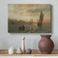 Canvas art print featuring a wide coastal composition with vessels and soft atmosphere, styled above a decorative console