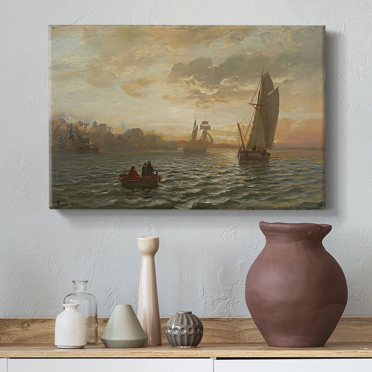 Canvas art print featuring a wide coastal composition with vessels and soft atmosphere, styled above a decorative console