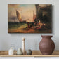 Canvas art print featuring a realistic depiction of figures in fishing environment, styled above a decorative console