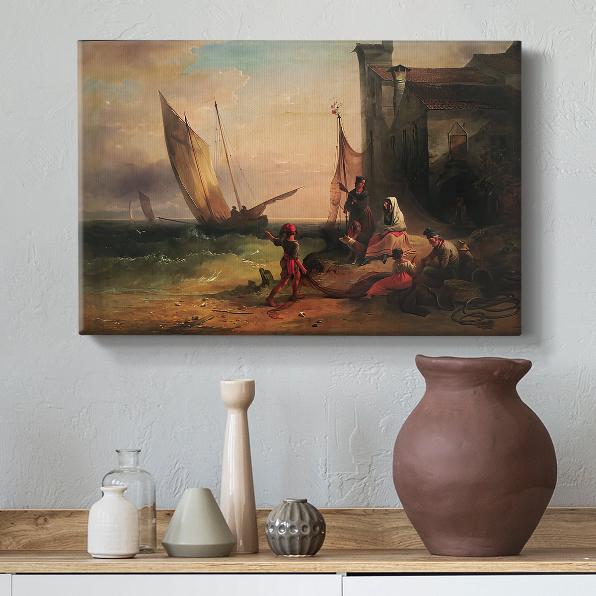 Canvas art print featuring a realistic depiction of figures in fishing environment, styled above a decorative console
