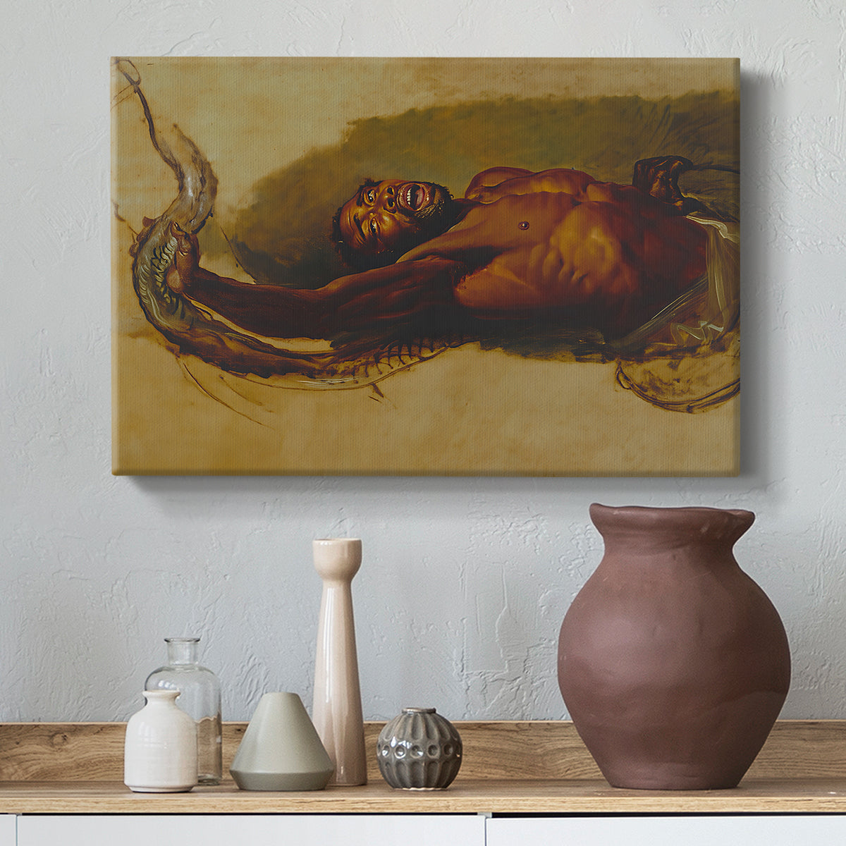 Canvas art print featuring a dynamic composition showing figure entangled with snake, styled above a decorative console