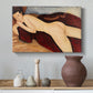 Canvas art print featuring a modernist nude figure lying face down with simplified contours, styled above a decorative console