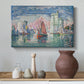 Canvas art print featuring a pointillist waterfront composition, styled above a decorative console