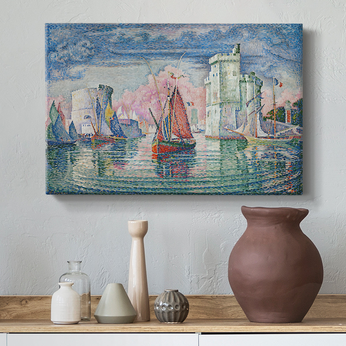 Canvas art print featuring a pointillist waterfront composition, styled above a decorative console