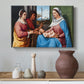 Canvas art print featuring a serene gathering of figures arranged in balanced composition, styled above a decorative console