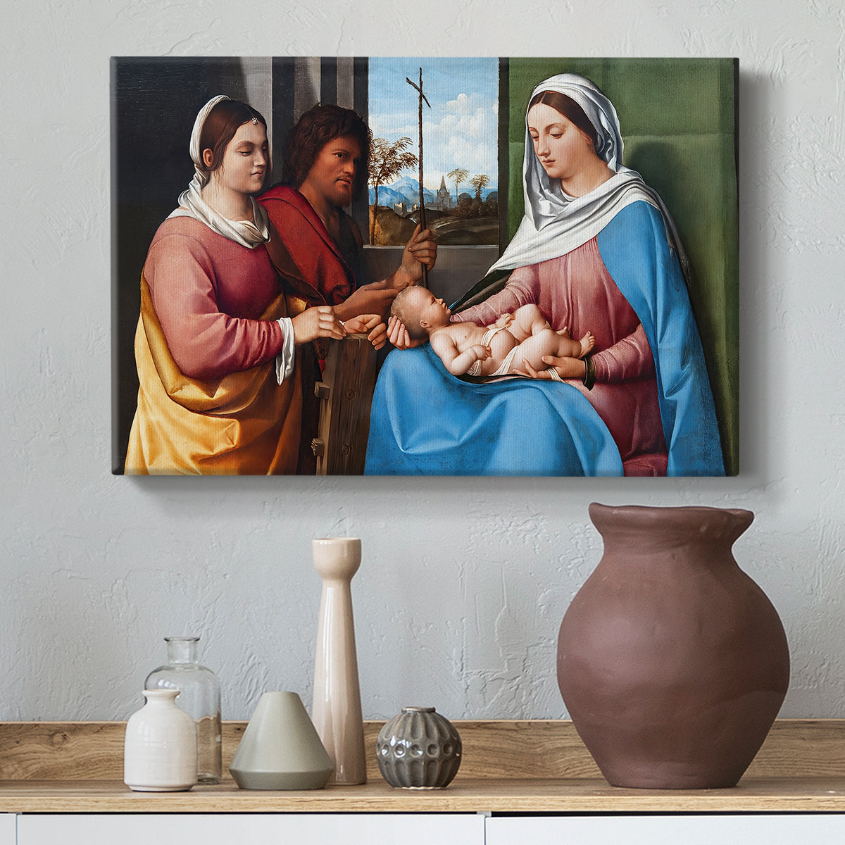 Canvas art print featuring a serene gathering of figures arranged in balanced composition, styled above a decorative console