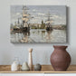 Canvas art print featuring a harbor view with tall ships lining the waterfront in muted tones, styled above a decorative console