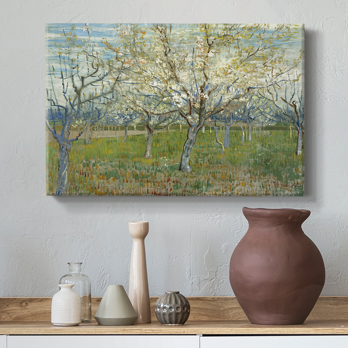 Canvas art print featuring a post-impressionist landscape emphasizing light and color, styled above a decorative console