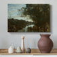 Canvas art print featuring an atmospheric landscape with lake and layered terrain, styled above a decorative console