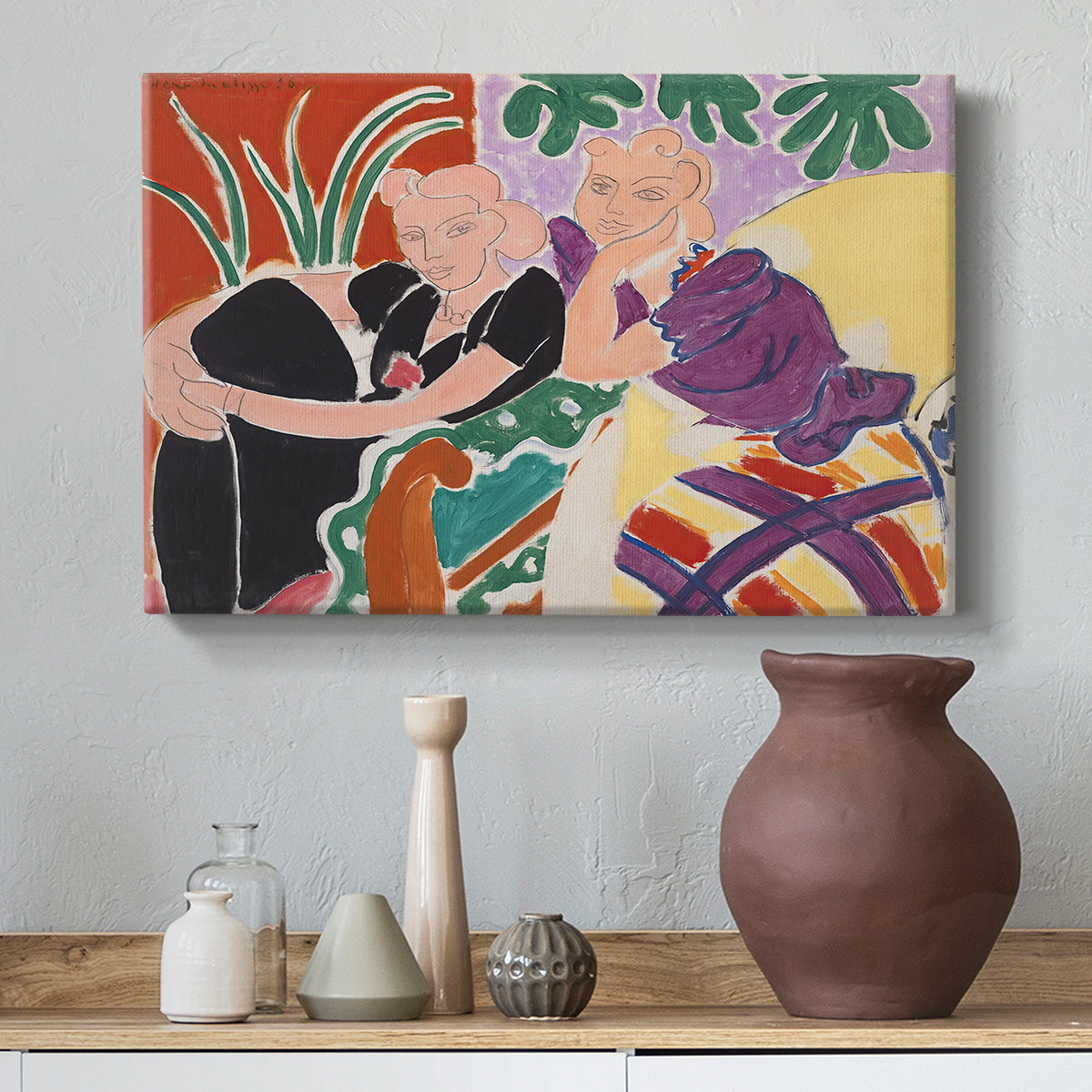 Canvas art print featuring an expressive interior composition centered on two figures, styled above a decorative console