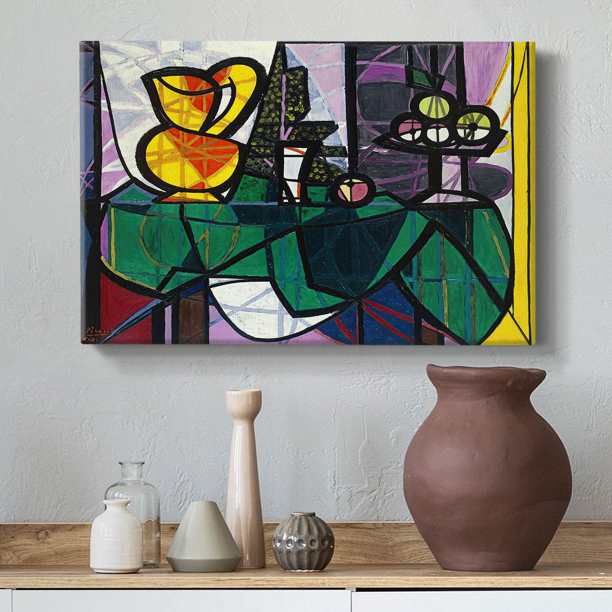 Canvas art print featuring an expressive arrangement with bold shapes, styled above a decorative console