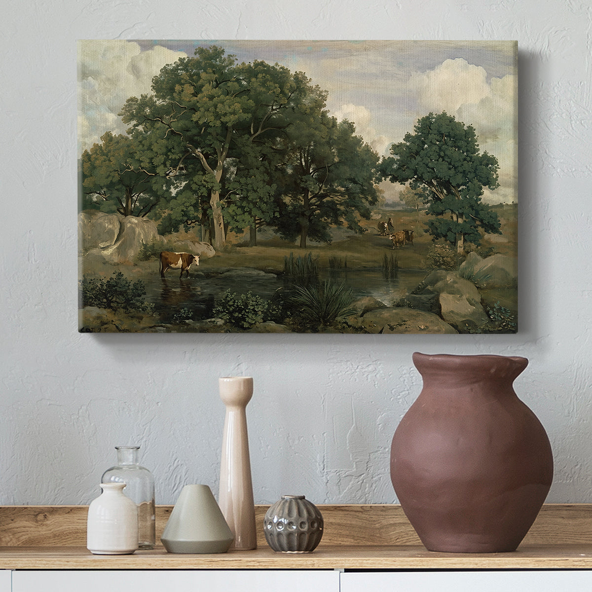 Canvas art print featuring a natural environment with trees and subtle depth, styled above a decorative console