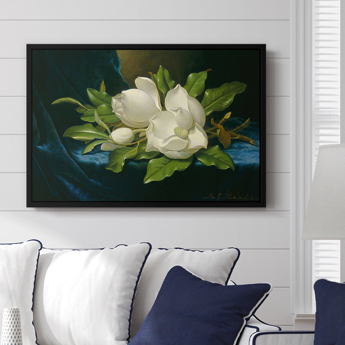 Giant Magnolias on a Blue Velvet Cloth, c. 1890 - Floater Framed Canvas Print