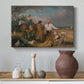 Canvas art print featuring countryside activity with figures engaged in harvest, styled above a decorative console