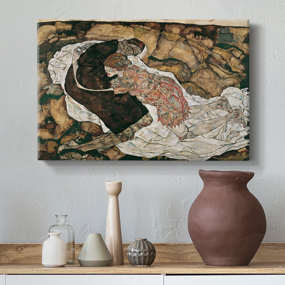 Canvas art print featuring an expressionist painting of human figures in dramatic pose, styled above a decorative console