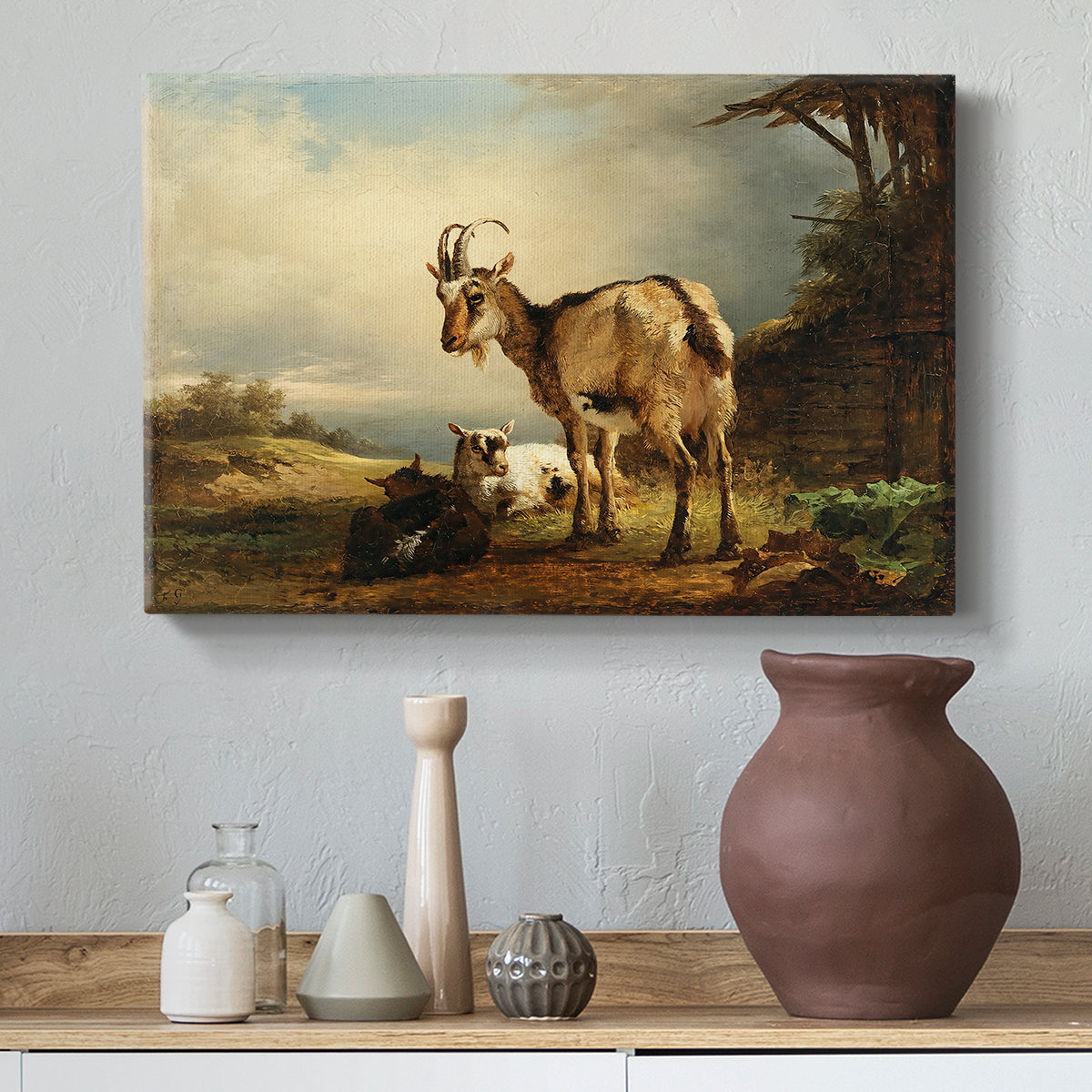 Canvas art print featuring a rural livestock composition, styled above a decorative console