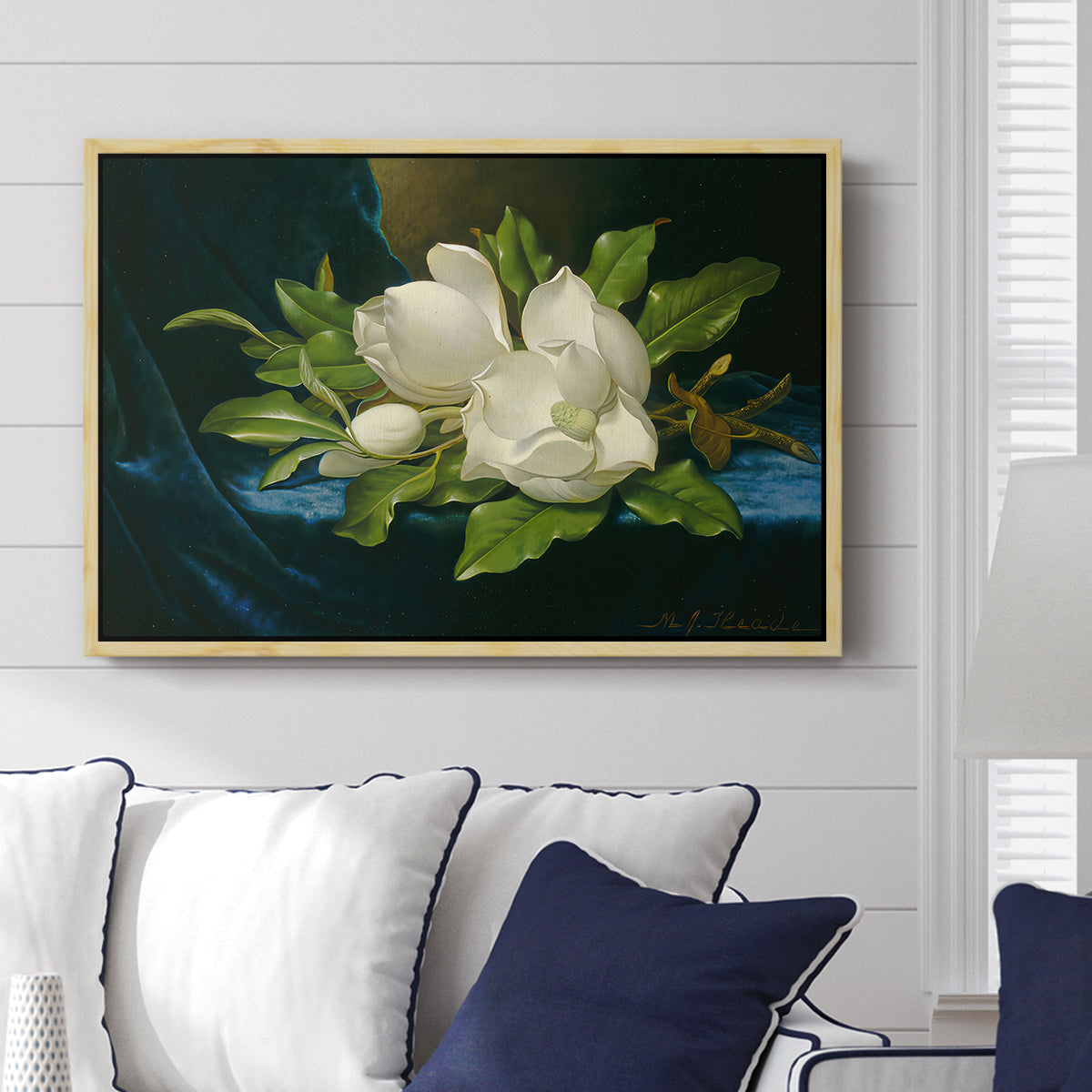 Giant Magnolias on a Blue Velvet Cloth, c. 1890 - Floater Framed Canvas Print