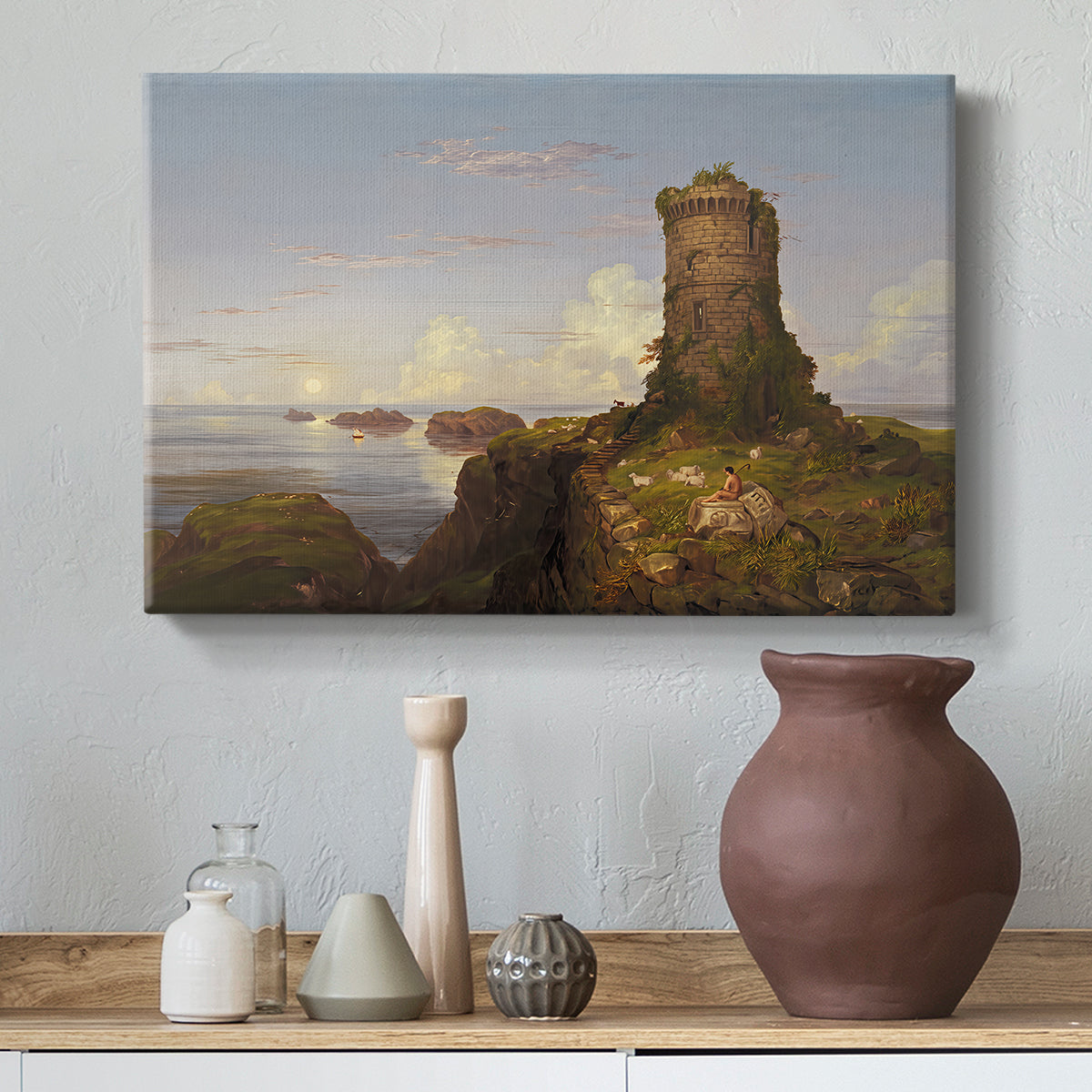 Canvas art print featuring an atmospheric composition with architecture, styled above a decorative console