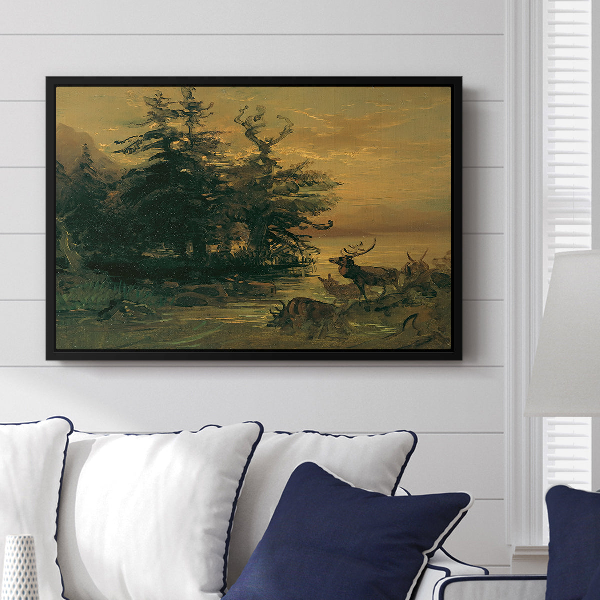 Wallowing Deer on the Shore of a Mountain Lake, c. 1850 - Floater Framed Canvas Print