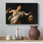 Canvas art print featuring a Baroque depiction of youth holding severed head in shadowy setting, styled above a decorative console