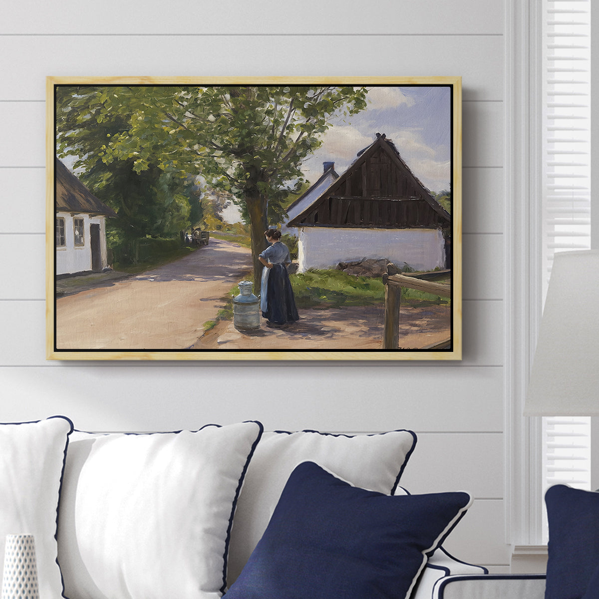 Danish Village Street with Woman and Milkman, 1880 - Floater Framed Canvas Print