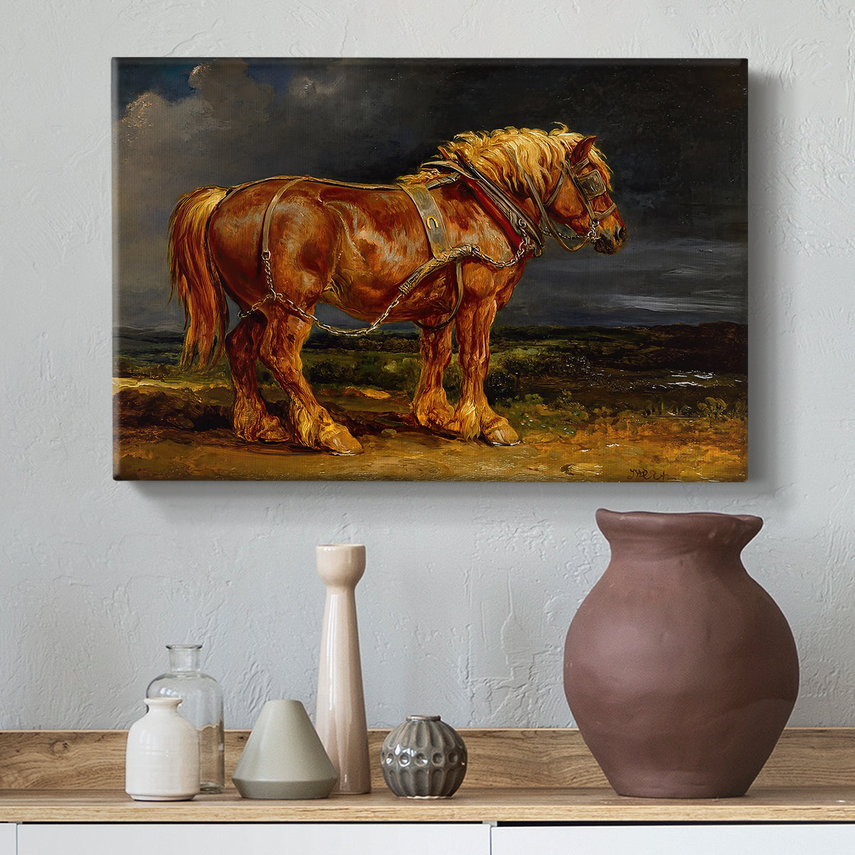 Canvas art print featuring a realistic depiction of working horse in natural terrain, styled above a decorative console