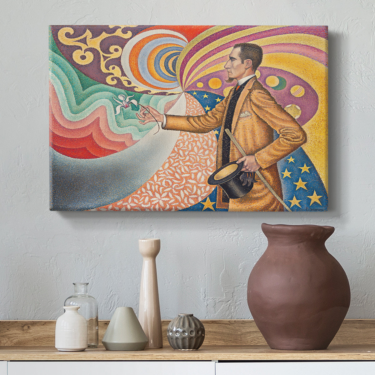 Canvas art print featuring an expressive figure with ornamental design, styled above a decorative console
