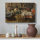Canvas art print featuring a rustic interior with people eating together at table, styled above a decorative console