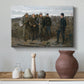 Canvas art print featuring a composition showing soldiers and captives in structured formation, styled above a decorative console