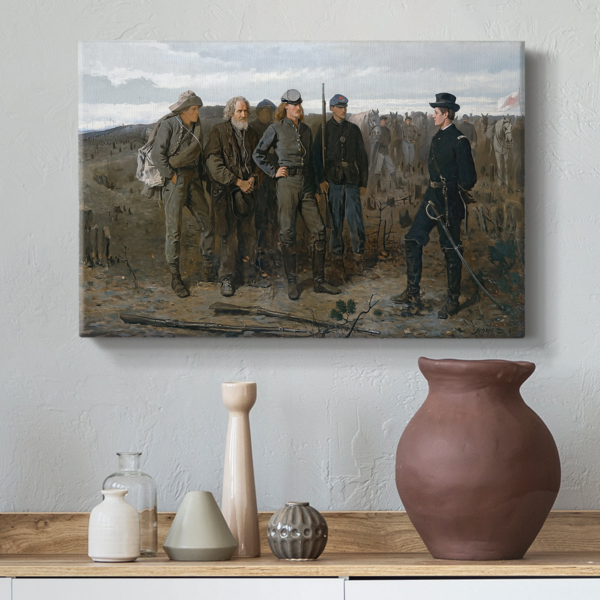 Canvas art print featuring a composition showing soldiers and captives in structured formation, styled above a decorative console