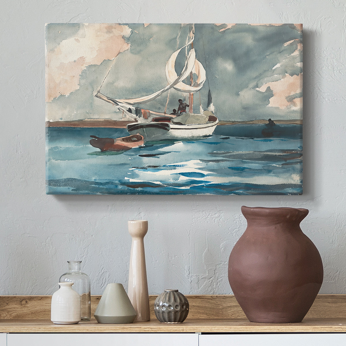 Canvas art print featuring an open water composition focused on lone vessel, styled above a decorative console