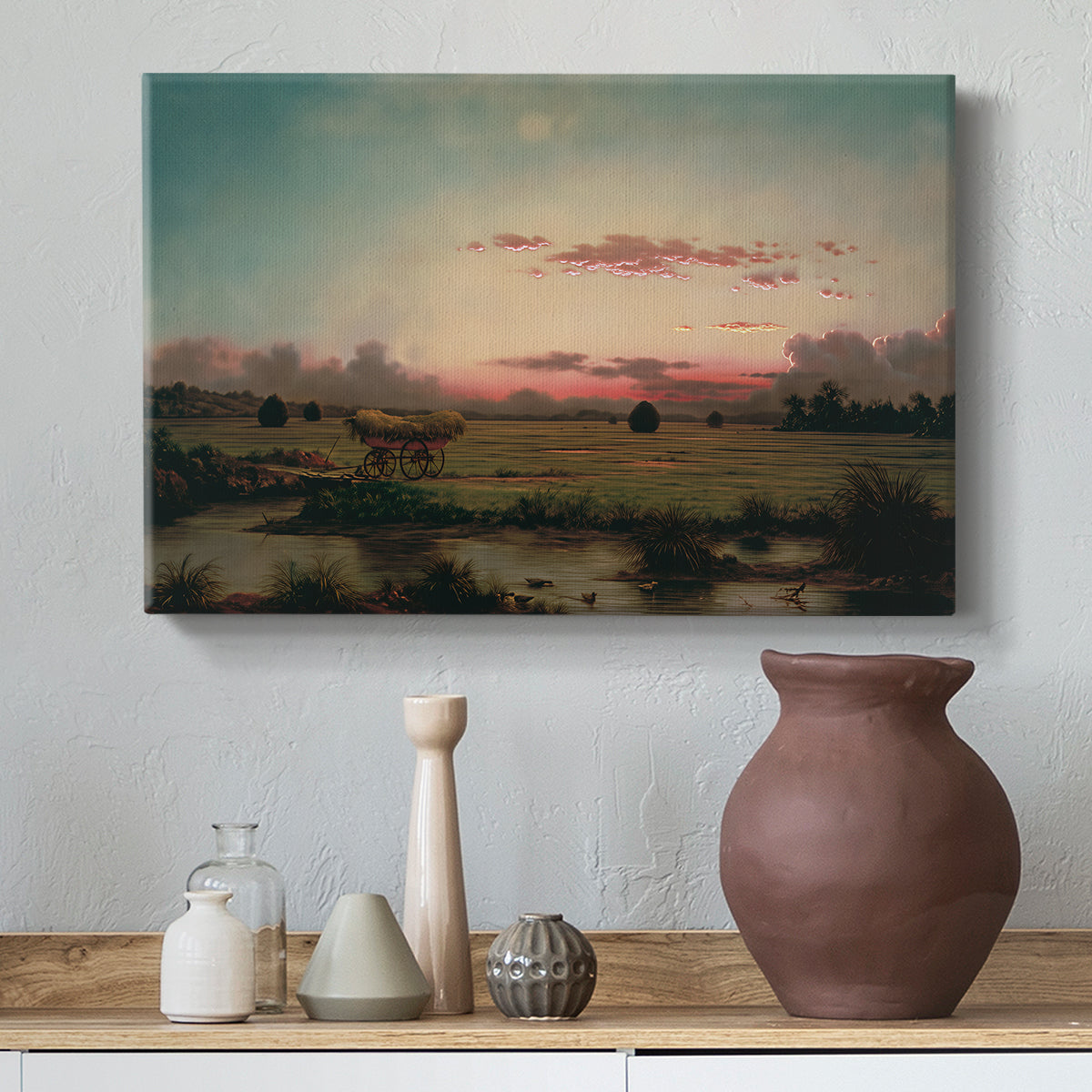 Canvas art print featuring a luminist scene with reflective water, styled above a decorative console