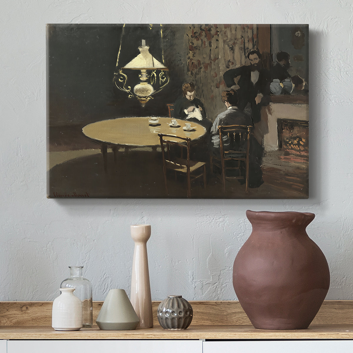 Canvas art print featuring an impressionist interior showing aftermath of dinner with soft light, styled above a decorative console