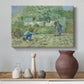 Canvas art print featuring a post-impressionist narrative scene with figures in field, styled above a decorative console