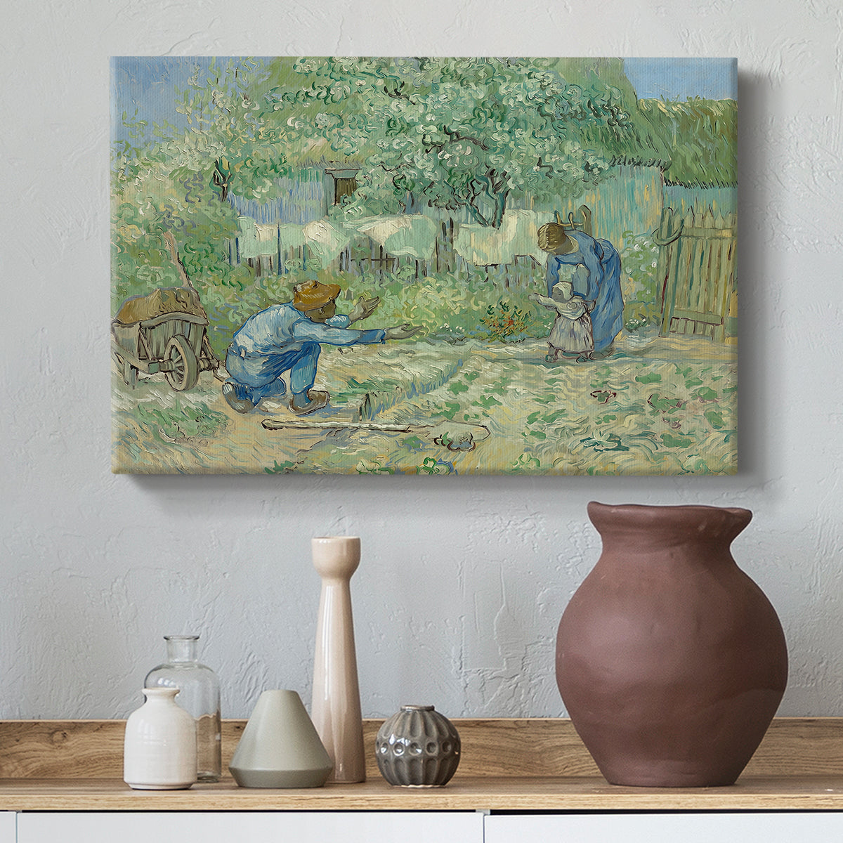 Canvas art print featuring a post-impressionist narrative scene with figures in field, styled above a decorative console