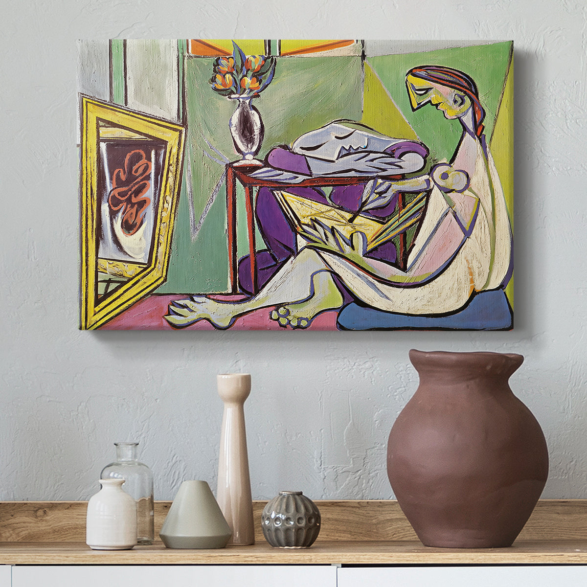 Canvas art print featuring an expressive composition with angular forms, styled above a decorative console