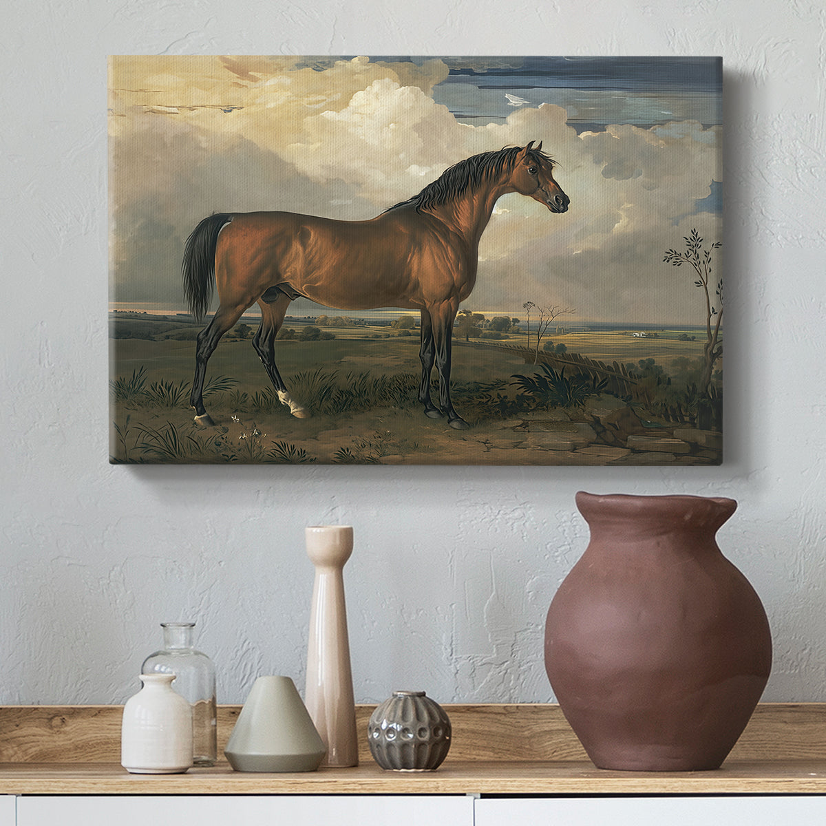 Canvas art print featuring a realistic depiction of horse with emphasis on form, styled above a decorative console