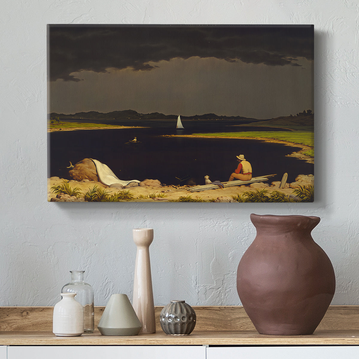 Canvas art print featuring a luminist landscape emphasizing tension, styled above a decorative console