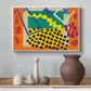 Canvas art print featuring an expressive abstract composition with bright color blocks, styled above a decorative console