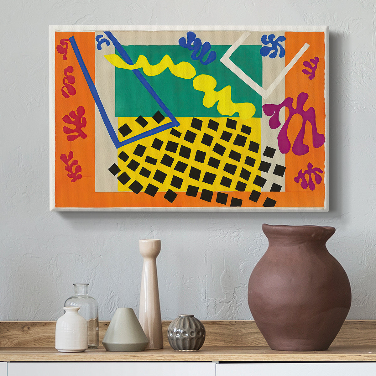 Canvas art print featuring an expressive abstract composition with bright color blocks, styled above a decorative console