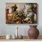 Canvas art print featuring a Baroque action scene with hunters and animals, styled above a decorative console