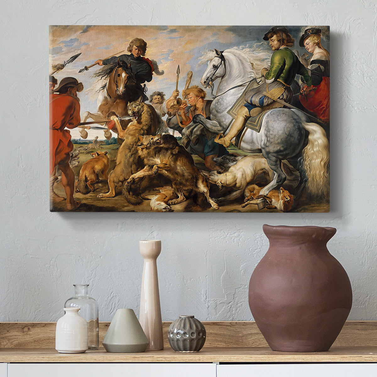Canvas art print featuring a Baroque action scene with hunters and animals, styled above a decorative console