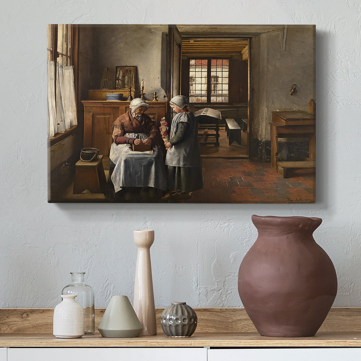 Canvas art print featuring an indoor composition showing family meal and interaction, styled above a decorative console